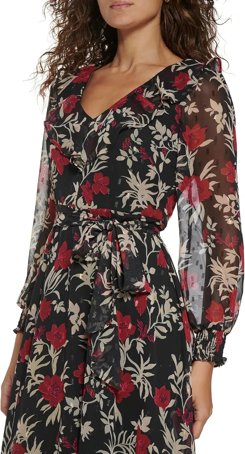 Jessica Howard Women's Floral Chiffon V-Neck Midi Dress