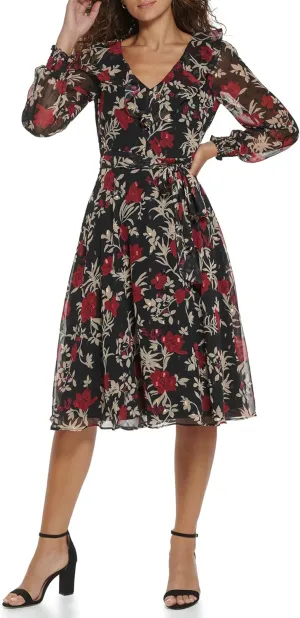 Jessica Howard Women's Floral Chiffon V-Neck Midi Dress
