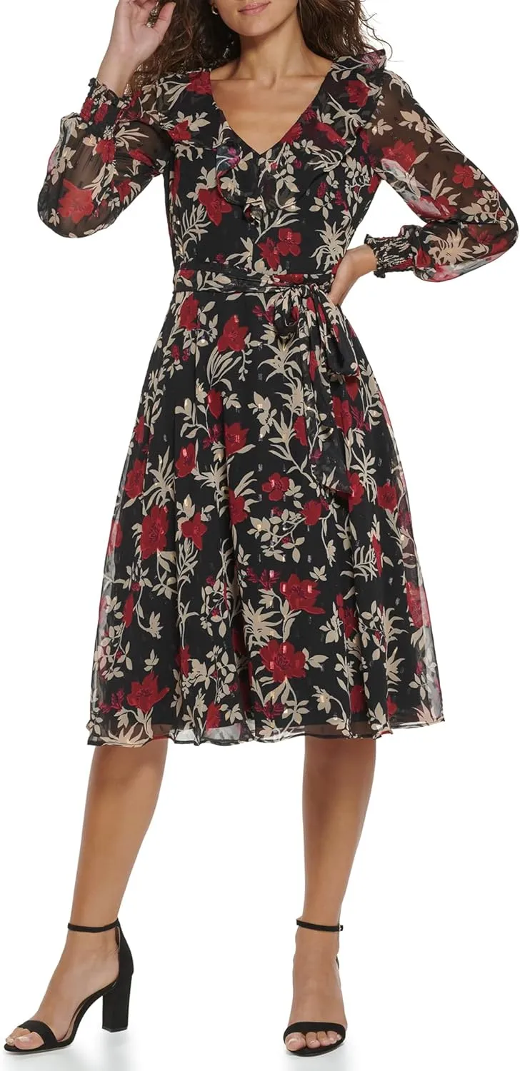 Jessica Howard Women's Floral Chiffon V-Neck Midi Dress