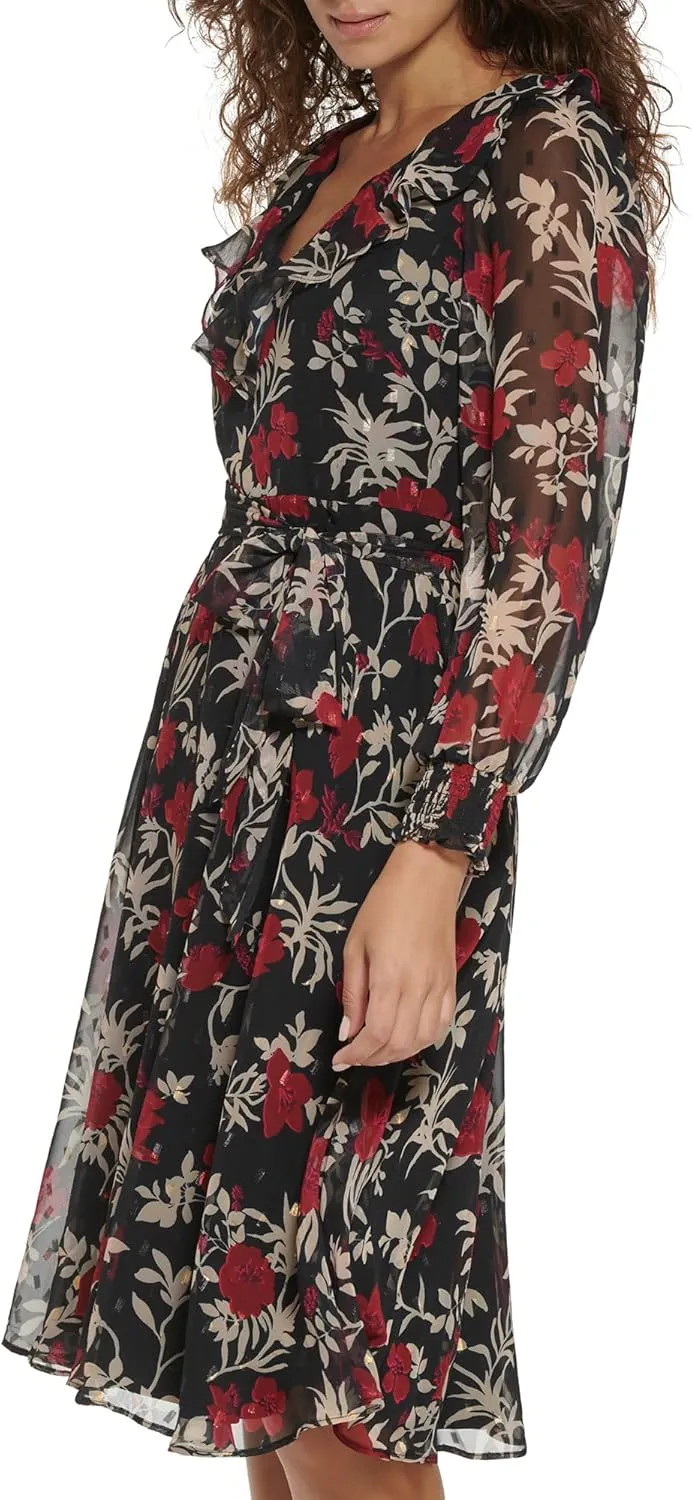 Jessica Howard Women's Floral Chiffon V-Neck Midi Dress