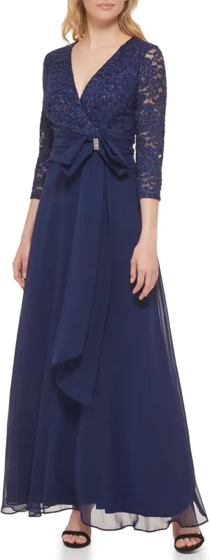 Jessica Howard Women's Lace 3/4 Sleeve V-Neck Maxi Gown – Special Occasion Dress
