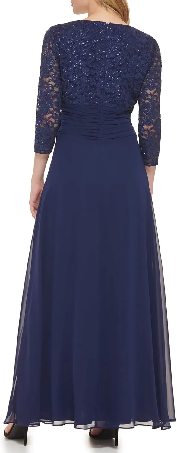 Jessica Howard Women's Lace 3/4 Sleeve V-Neck Maxi Gown – Special Occasion Dress