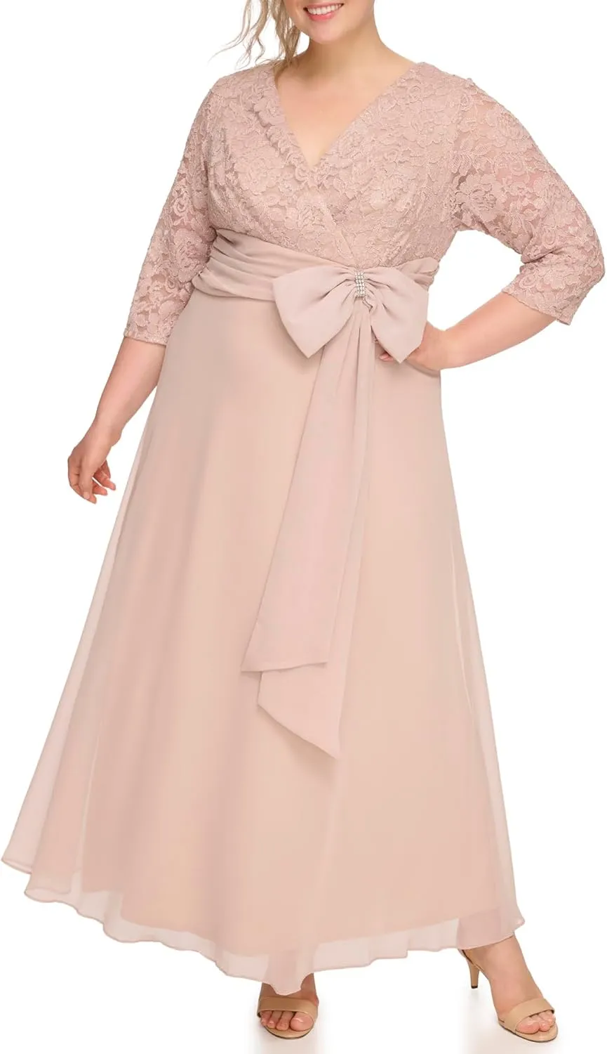 Jessica Howard Women's Lace 3/4 Sleeve V-Neck Maxi Gown – Special Occasion Dress