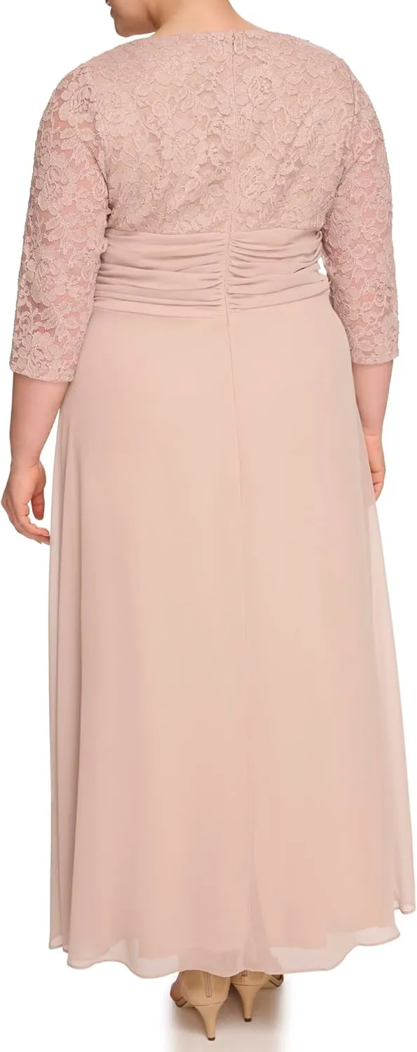 Jessica Howard Women's Lace 3/4 Sleeve V-Neck Maxi Gown – Special Occasion Dress