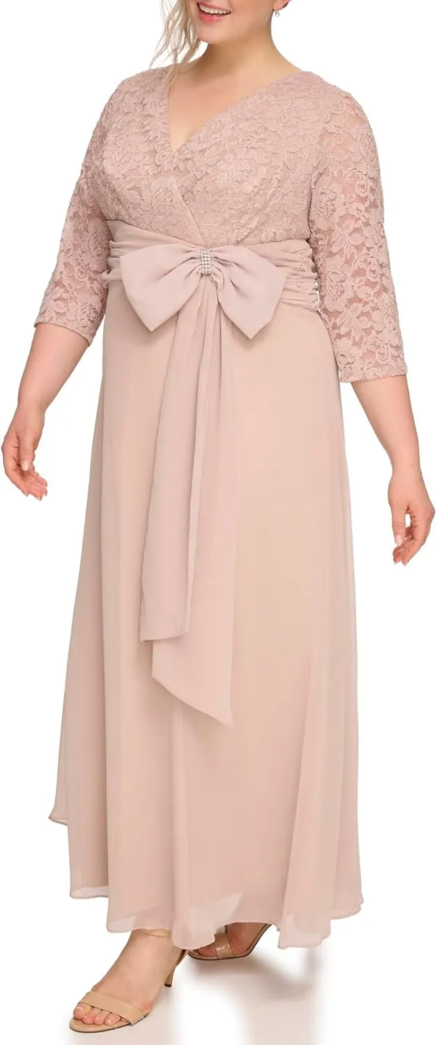 Jessica Howard Women's Lace 3/4 Sleeve V-Neck Maxi Gown – Special Occasion Dress