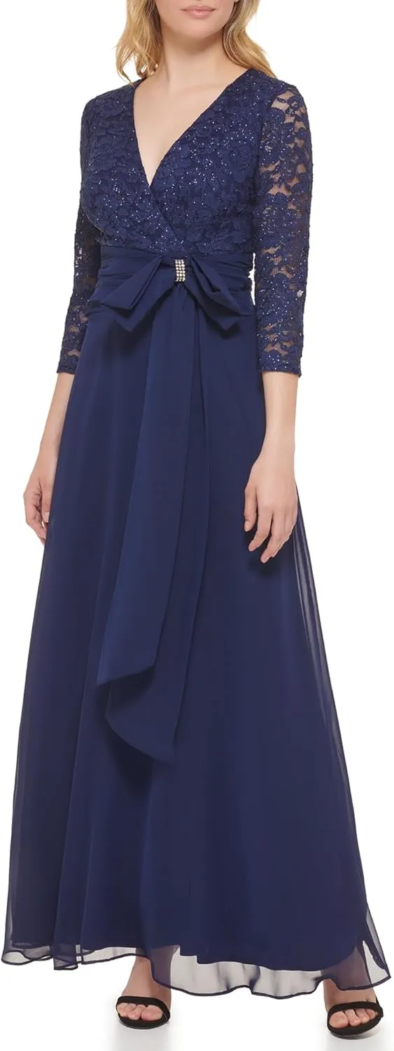 Jessica Howard Women's Lace 3/4 Sleeve V-Neck Maxi Gown – Special Occasion Dress