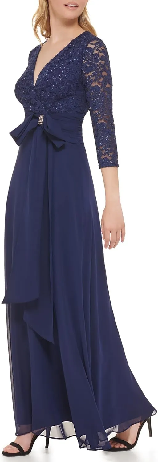 Jessica Howard Women's Lace 3/4 Sleeve V-Neck Maxi Gown – Special Occasion Dress