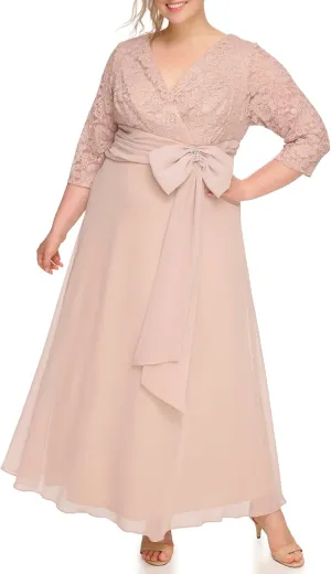 Jessica Howard Women's Lace 3/4 Sleeve V-Neck Maxi Gown – Special Occasion Dress