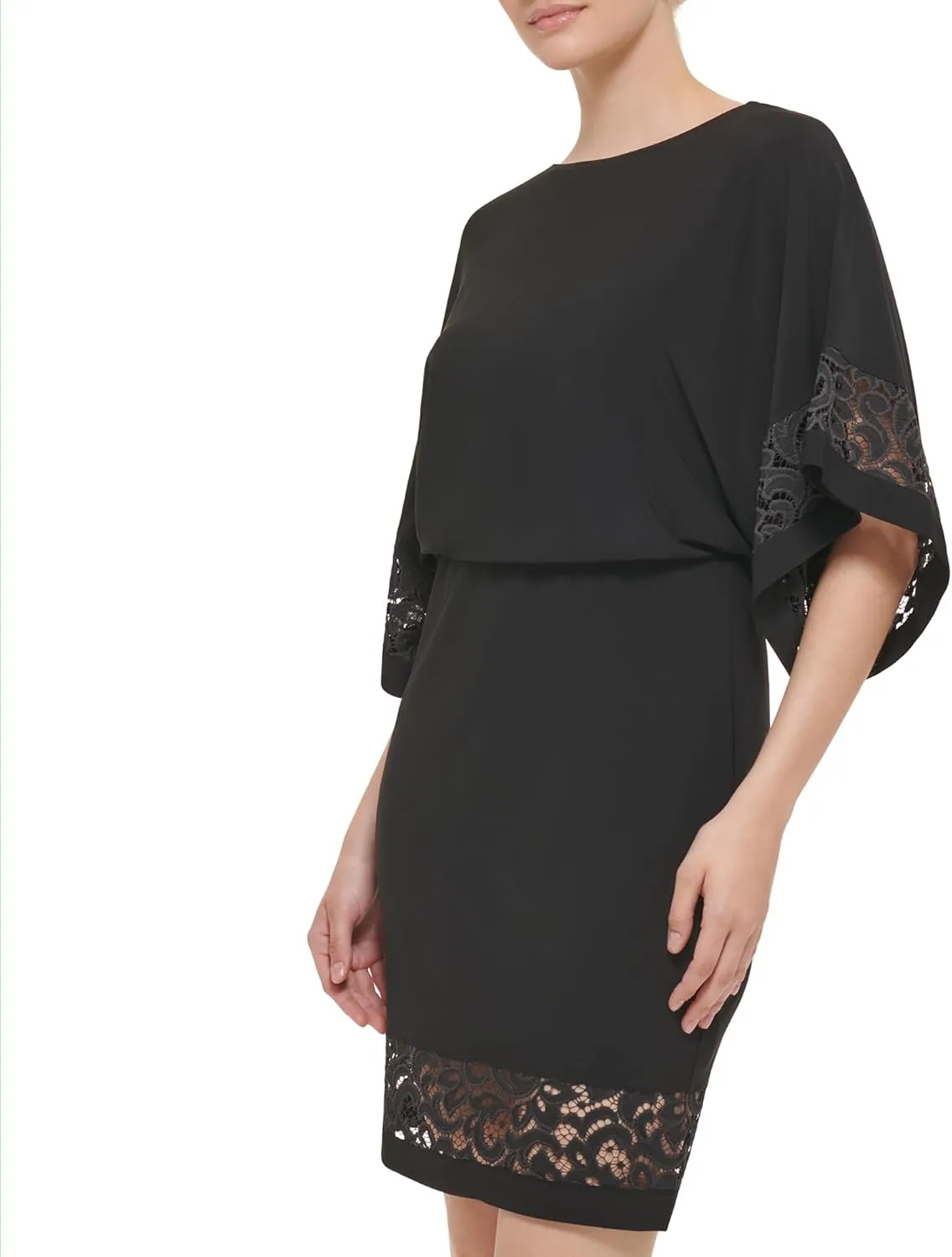 Jessica Howard Women's Lace Trim Knit Mini Dress – Boat Neck Elbow Sleeve Desk to Dinner