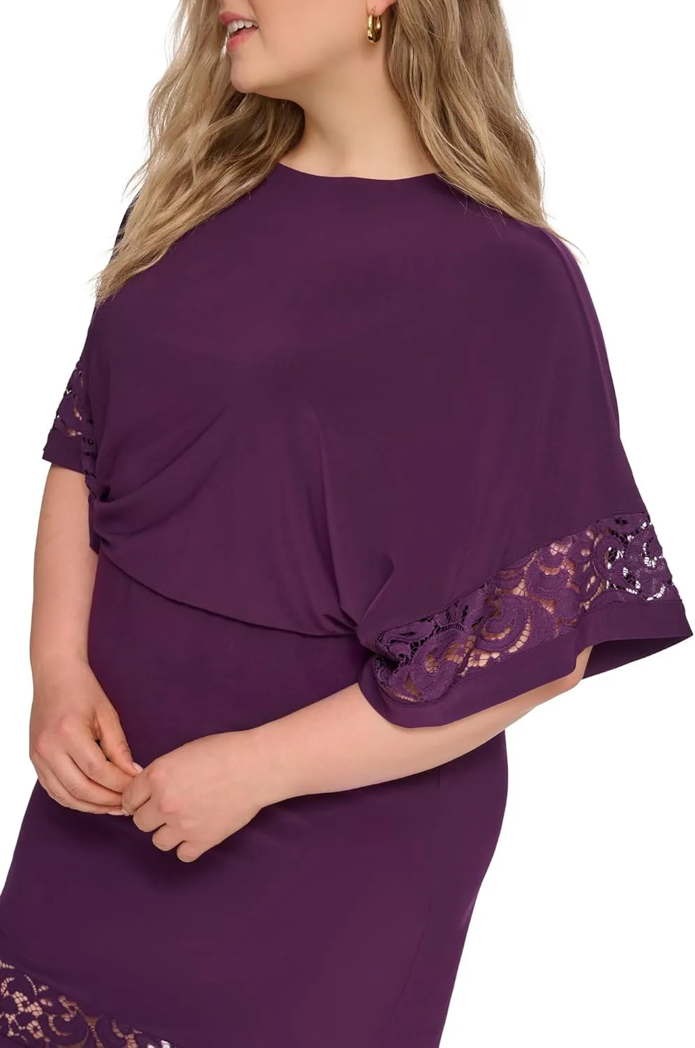 Jessica Howard Women's Lace Trim Knit Mini Dress – Boat Neck Elbow Sleeve Desk to Dinner