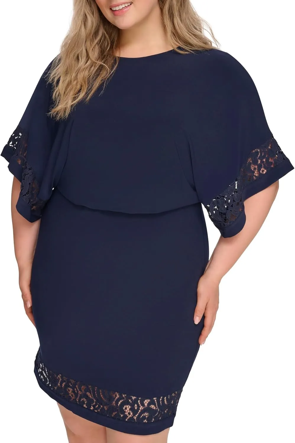 Jessica Howard Women's Lace Trim Knit Mini Dress – Boat Neck Elbow Sleeve Desk to Dinner