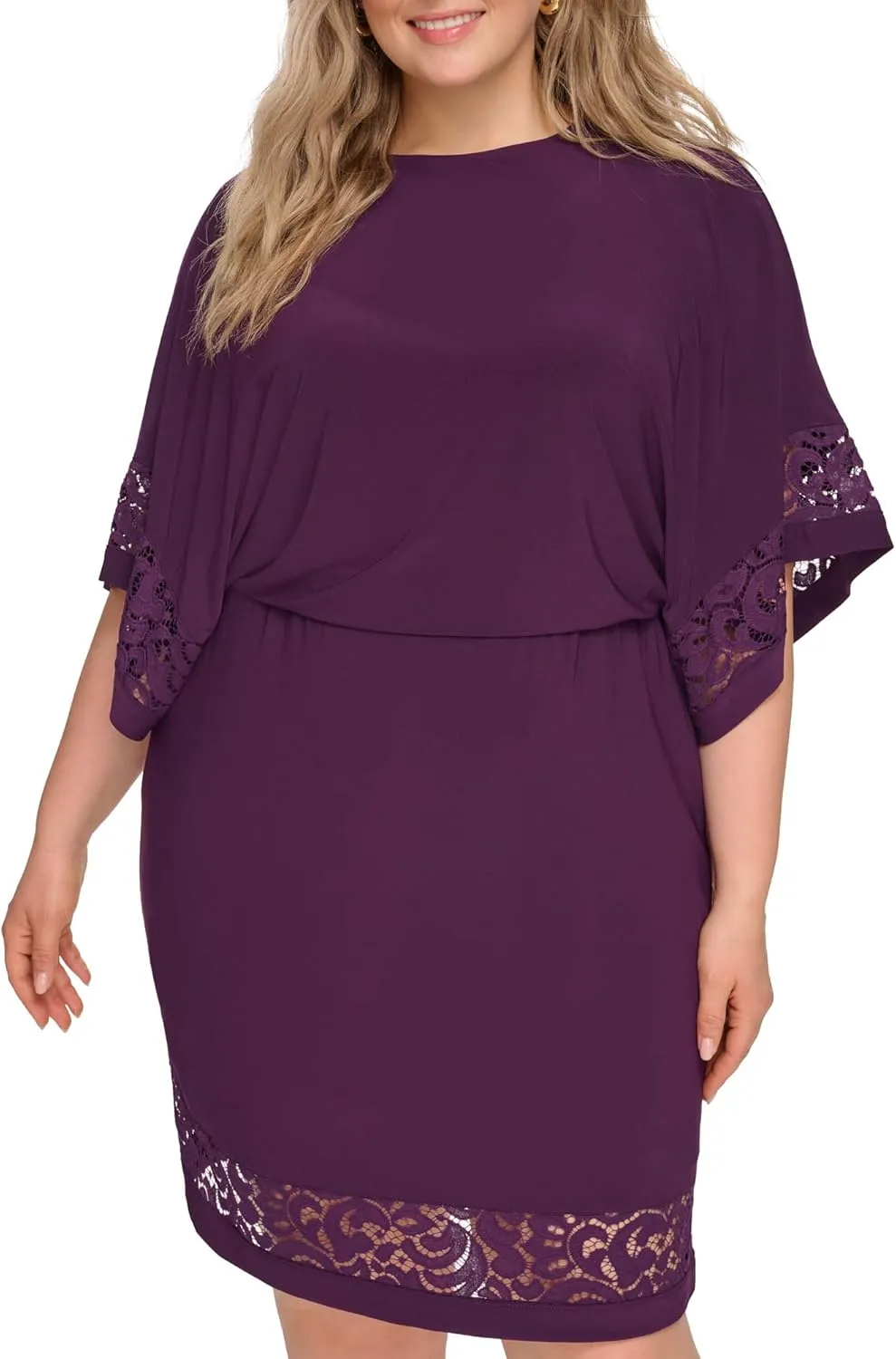 Jessica Howard Women's Lace Trim Knit Mini Dress – Boat Neck Elbow Sleeve Desk to Dinner