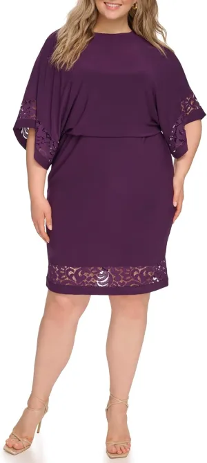 Jessica Howard Women's Lace Trim Knit Mini Dress – Boat Neck Elbow Sleeve Desk to Dinner