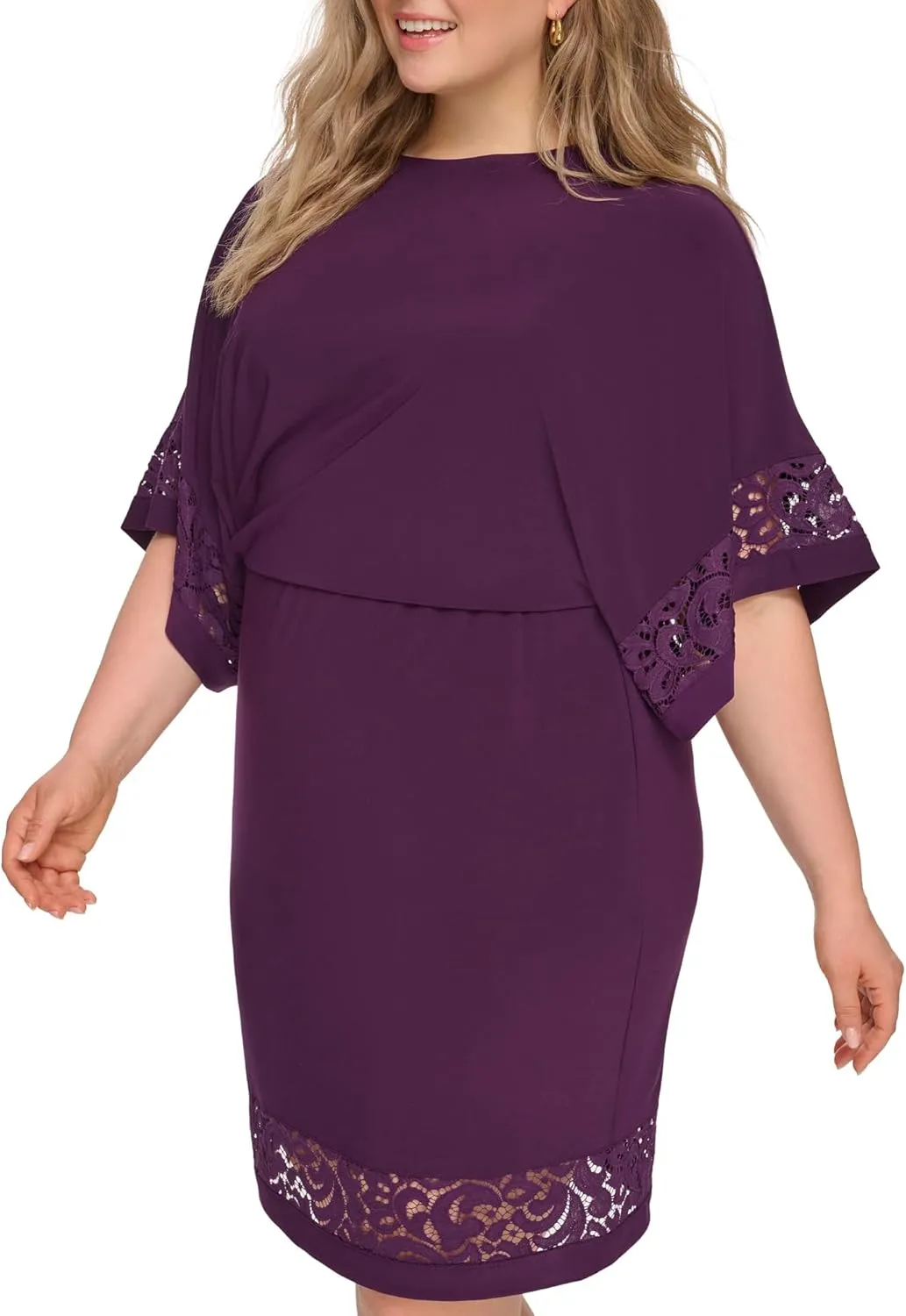 Jessica Howard Women's Lace Trim Knit Mini Dress – Boat Neck Elbow Sleeve Desk to Dinner