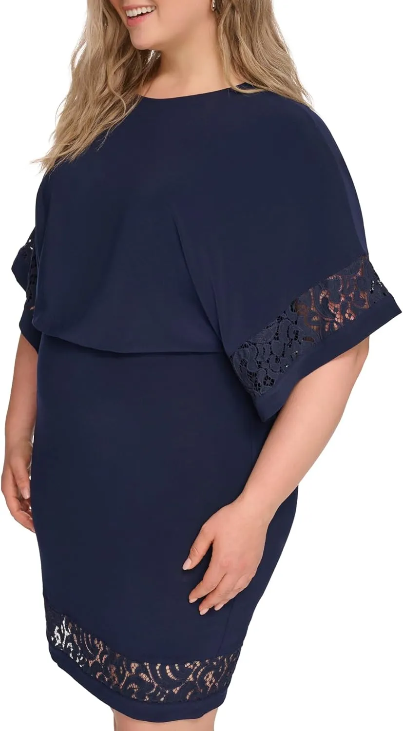 Jessica Howard Women's Lace Trim Knit Mini Dress – Boat Neck Elbow Sleeve Desk to Dinner
