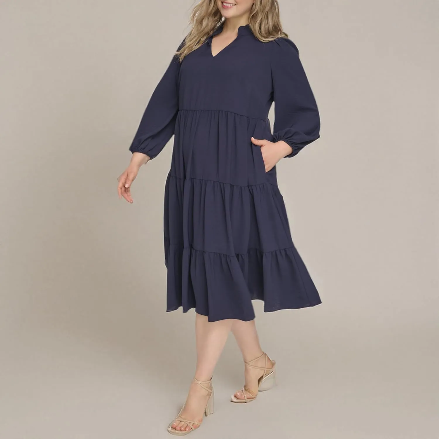 Jessica Howard Women's Long Sleeve Tiered Maxi Dress with V-Neck