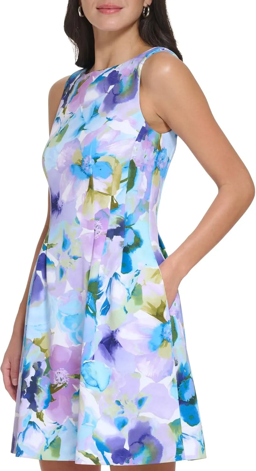 Jessica Howard Women's Petite Mini Tile Print Chiffon Mock Neck Dress with Long Sleeves