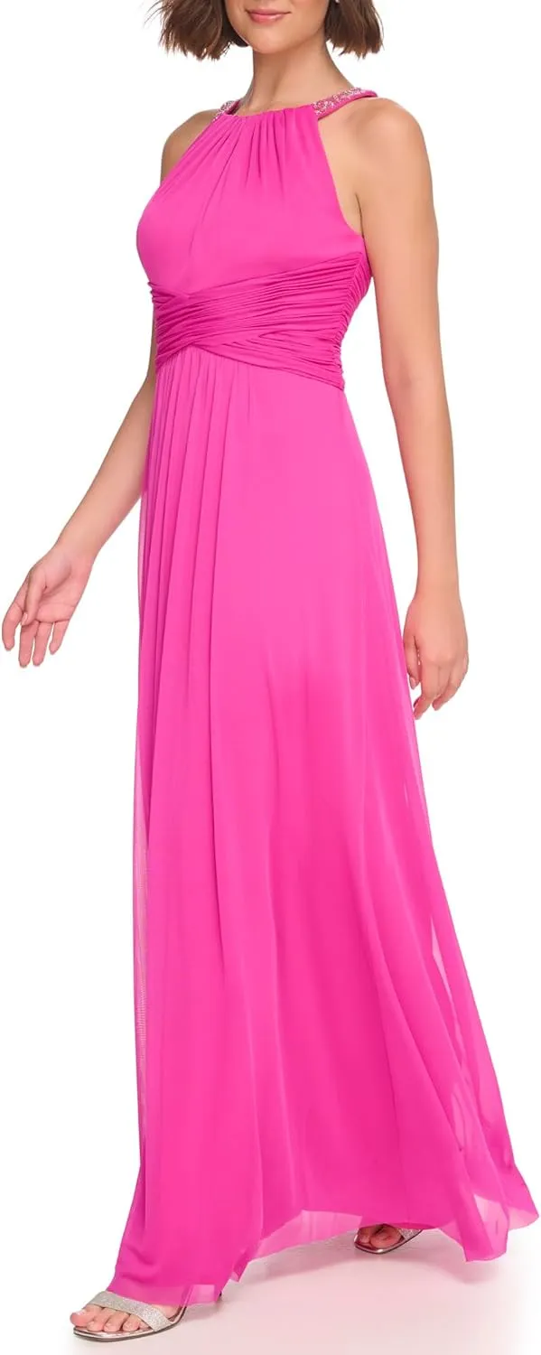 Jessica Howard Women's Sleeveless Halter Neck Maxi Gown – Special Occasion Dress