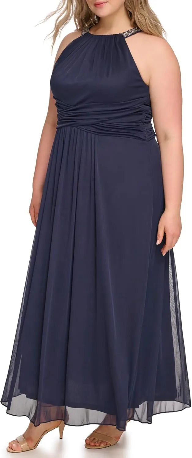 Jessica Howard Women's Sleeveless Halter Neck Maxi Gown – Special Occasion Dress