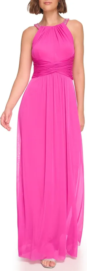 Jessica Howard Women's Sleeveless Halter Neck Maxi Gown – Special Occasion Dress