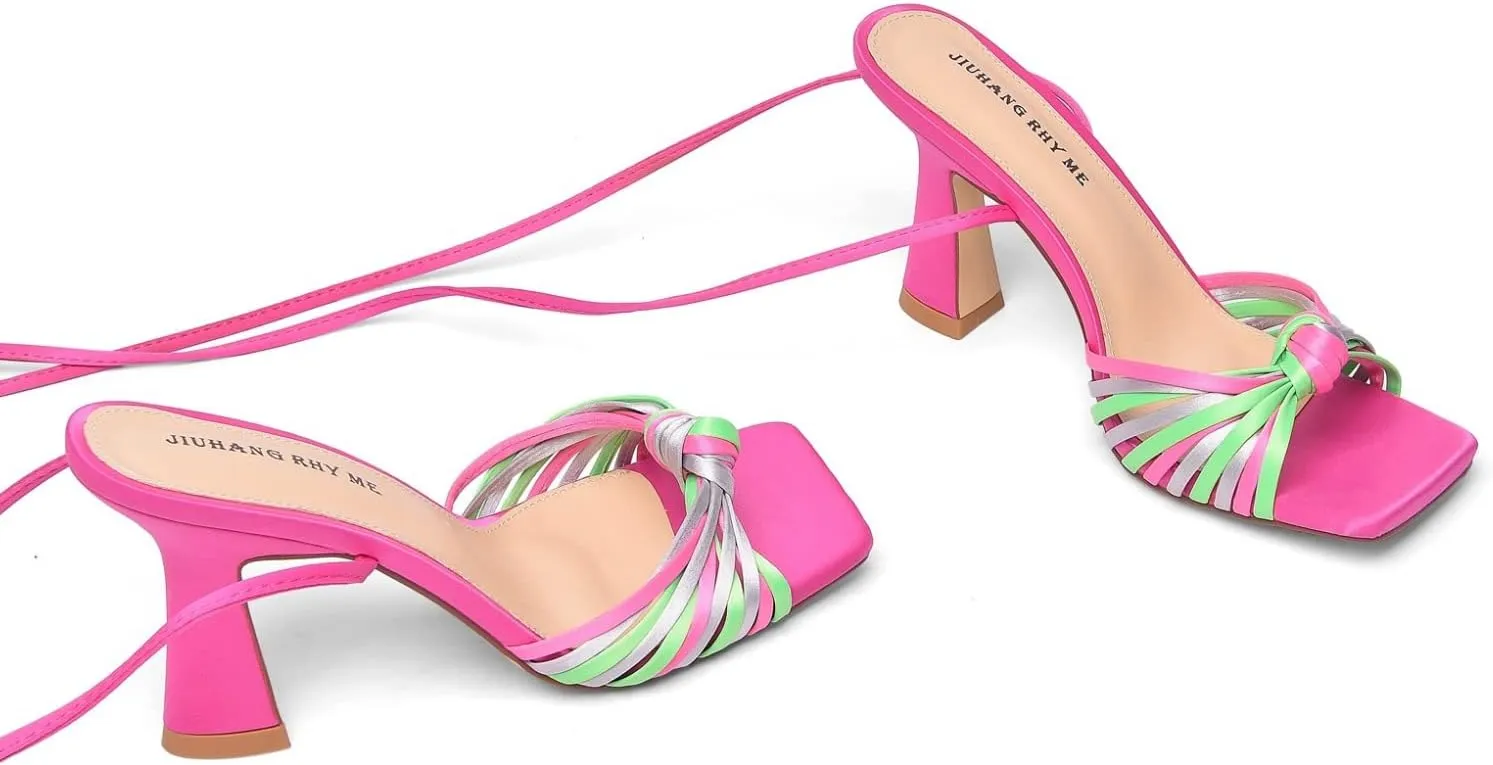 JIUHANG RHY ME Women's Square Toe Lace Up Stiletto Heeled Sandals,Strappy Heels for Women