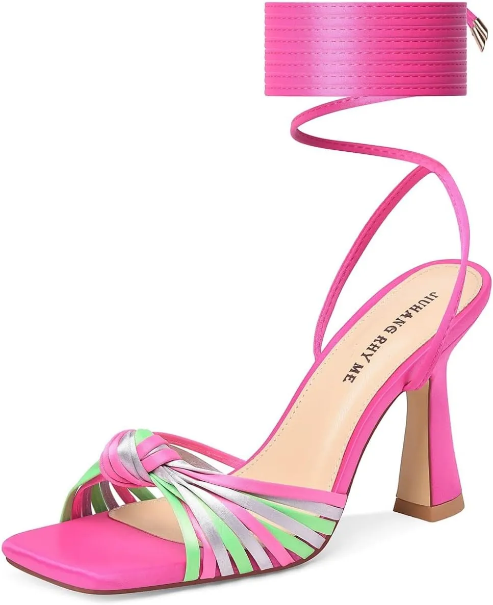 JIUHANG RHY ME Women's Square Toe Lace Up Stiletto Heeled Sandals,Strappy Heels for Women