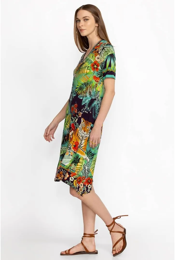 Johnny Was Janie Favorite Tigres Short Sleeve Swing Dress Floral Green Blue New