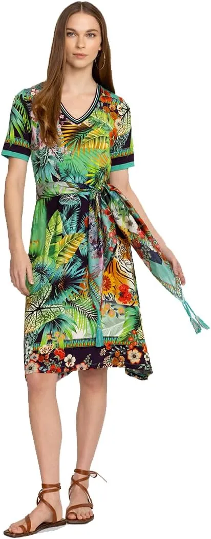 Johnny Was Janie Favorite Tigres Short Sleeve Swing Dress Floral Green Blue New