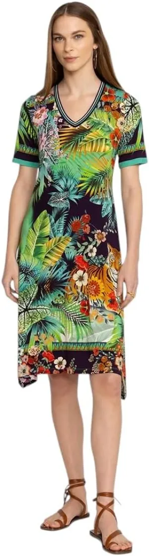 Johnny Was Janie Favorite Tigres Short Sleeve Swing Dress Floral Green Blue New