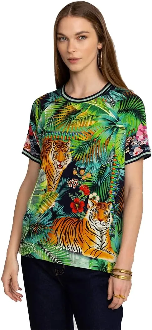 Johnny Was Janie Favorite Tigres Short Sleeve Swing Dress Floral Green Blue New
