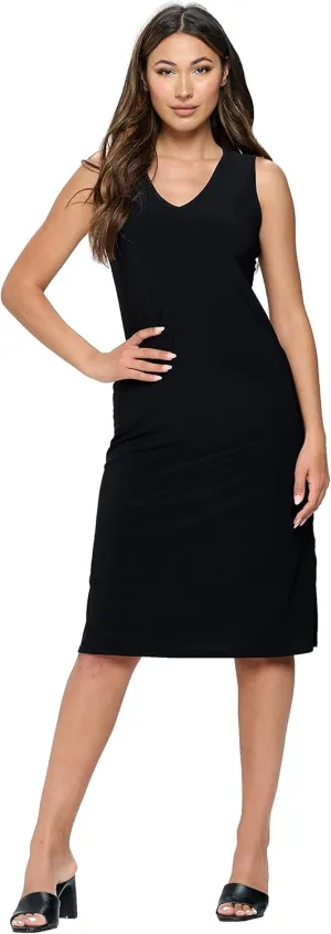 Jostar Women's Midi Tank Dress - Sleeveless V-Neck with Side Slit Knee Length Casual Basic One Piece 7080HT-TRS1-BLK M Black