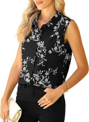 Jouica Womens Sleeveless Blouses Button Down Collared Shirts for Work Casual V Neck Tank Tops