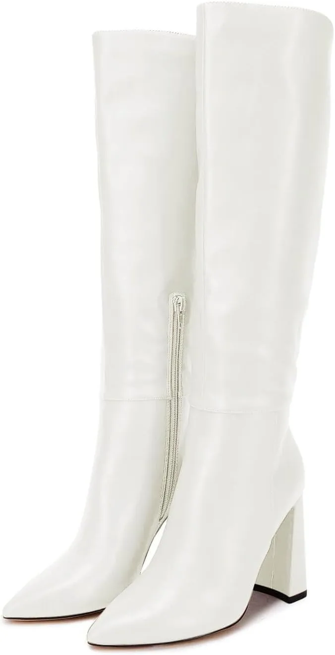 Juliet Holy Womens Pointed Toe Knee-high Boot Wide Calf Chunky Block Side Zipper Go-go Boots