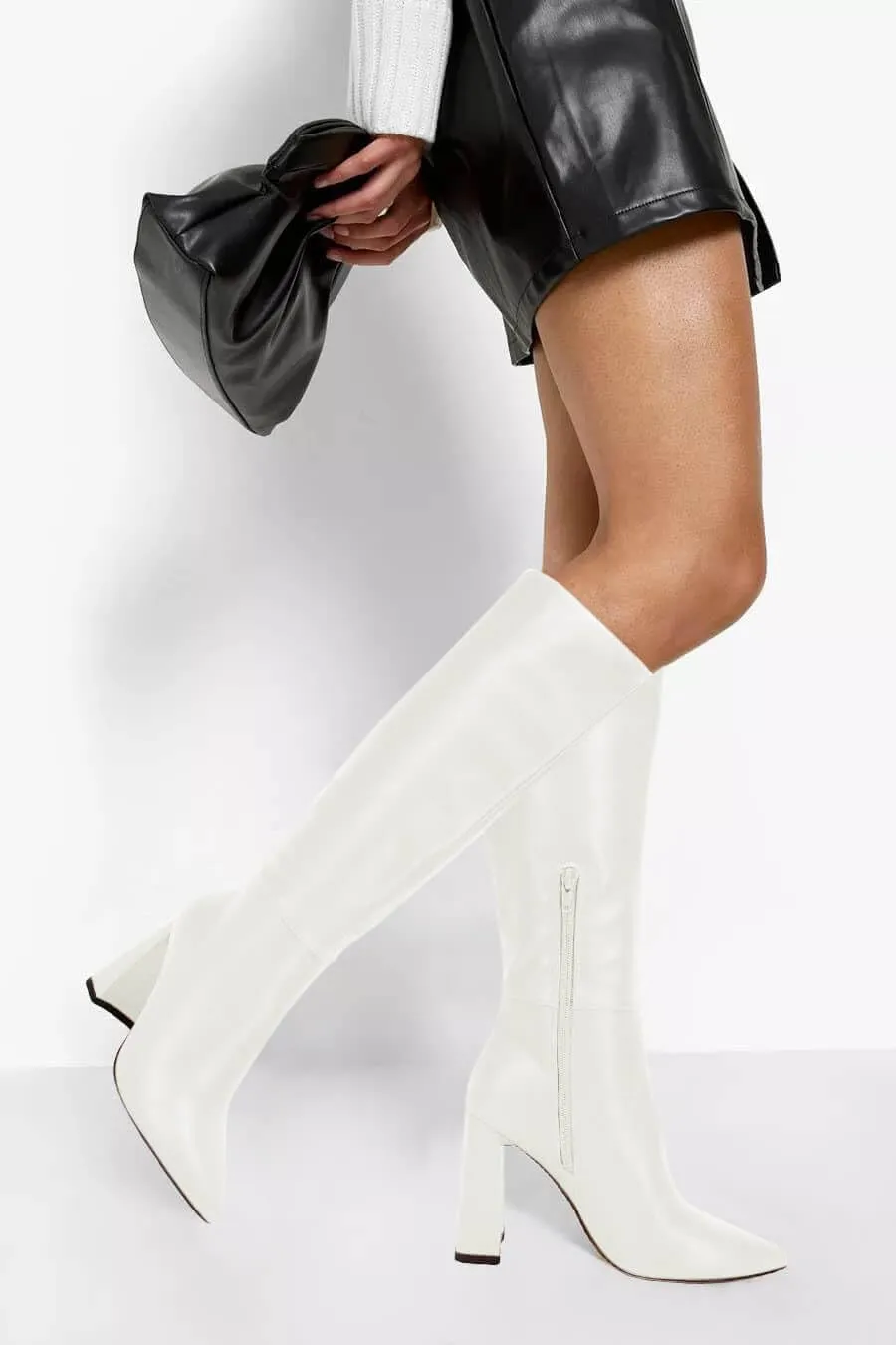 Juliet Holy Womens Pointed Toe Knee-high Boot Wide Calf Chunky Block Side Zipper Go-go Boots
