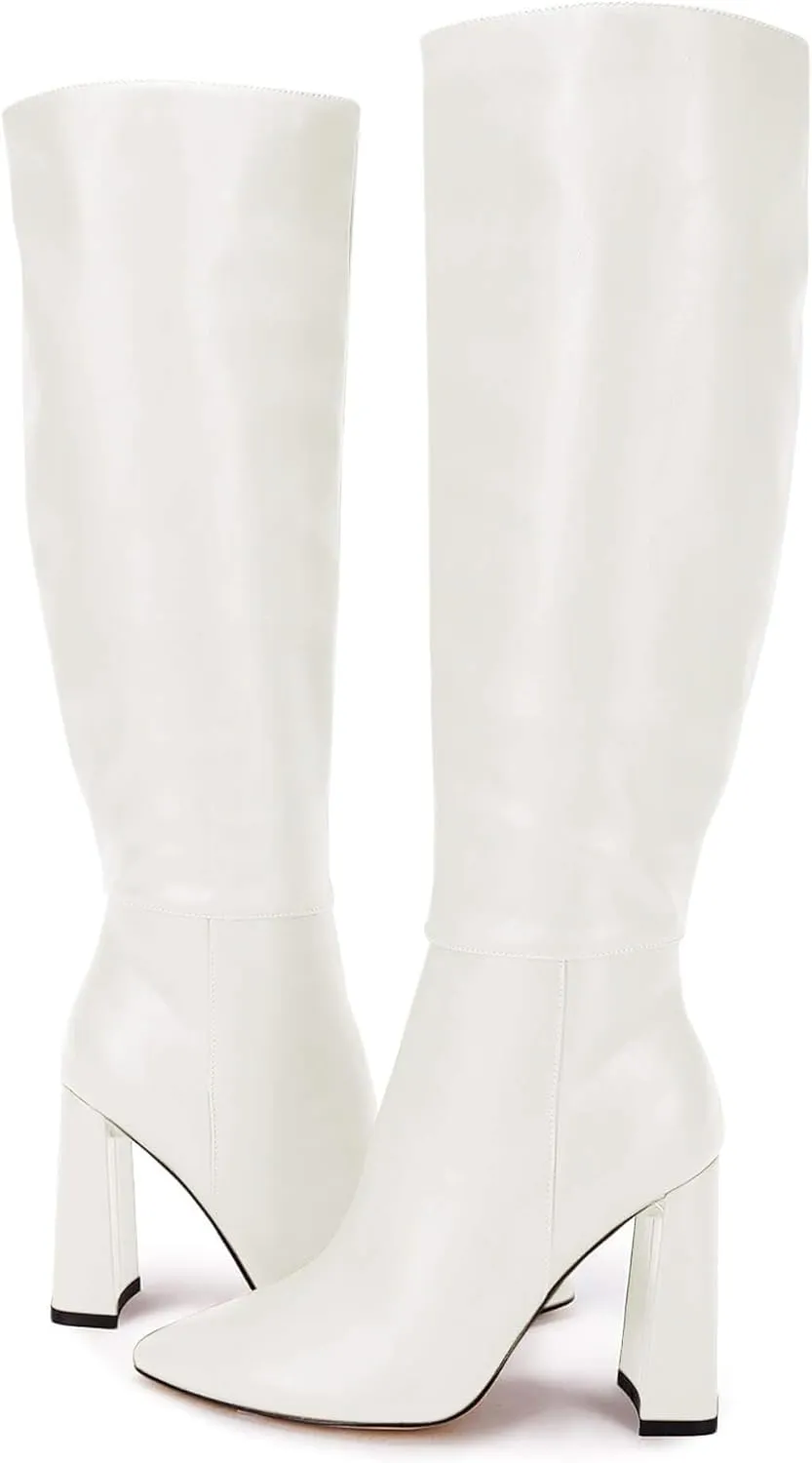 Juliet Holy Womens Pointed Toe Knee-high Boot Wide Calf Chunky Block Side Zipper Go-go Boots
