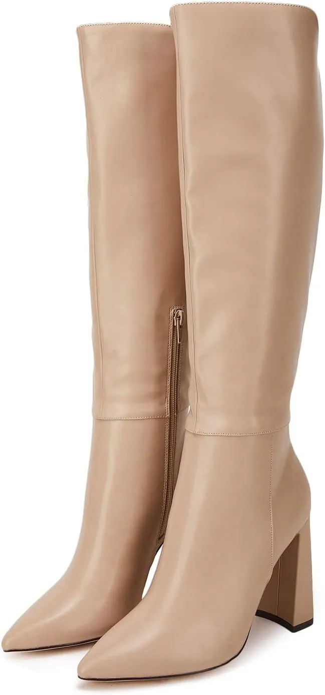 Juliet Holy Womens Pointed Toe Knee-high Boot Wide Calf Chunky Block Side Zipper Go-go Boots
