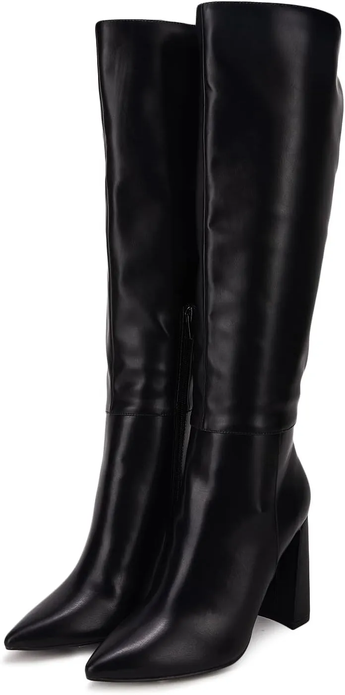 Juliet Holy Womens Pointed Toe Knee-high Boot Wide Calf Chunky Block Side Zipper Go-go Boots