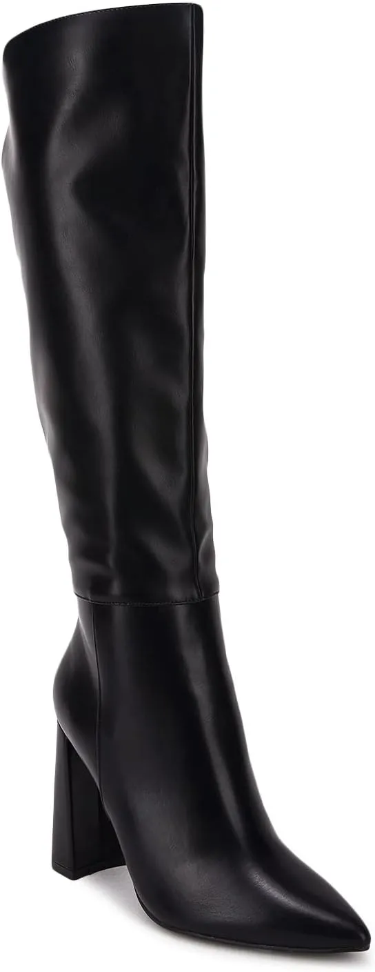 Juliet Holy Womens Pointed Toe Knee-high Boot Wide Calf Chunky Block Side Zipper Go-go Boots