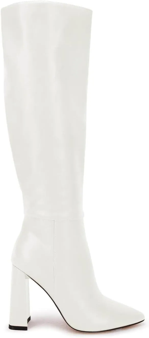 Juliet Holy Womens Pointed Toe Knee-high Boot Wide Calf Chunky Block Side Zipper Go-go Boots