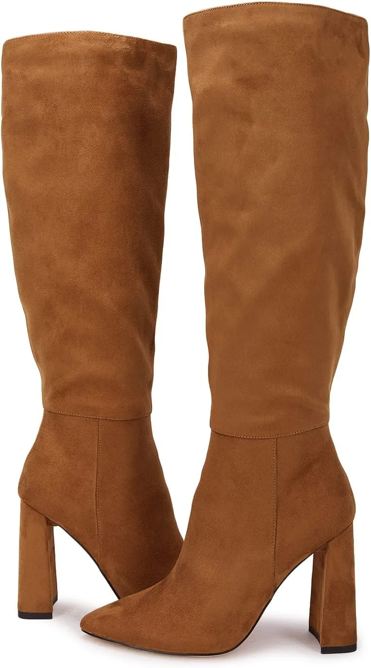 Juliet Holy Womens Pointed Toe Knee-high Boot Wide Calf Chunky Block Side Zipper Go-go Boots