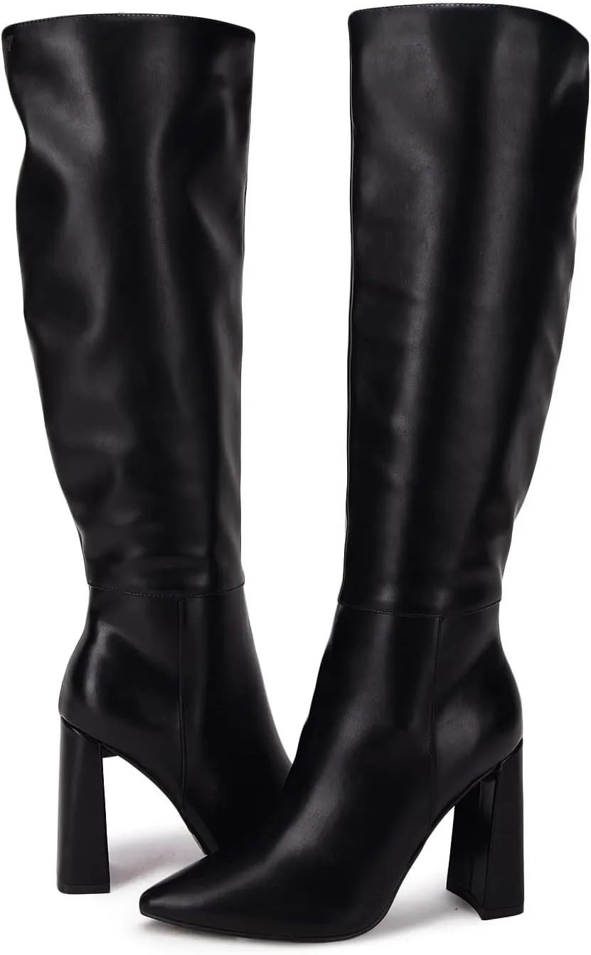 Juliet Holy Womens Pointed Toe Knee-high Boot Wide Calf Chunky Block Side Zipper Go-go Boots