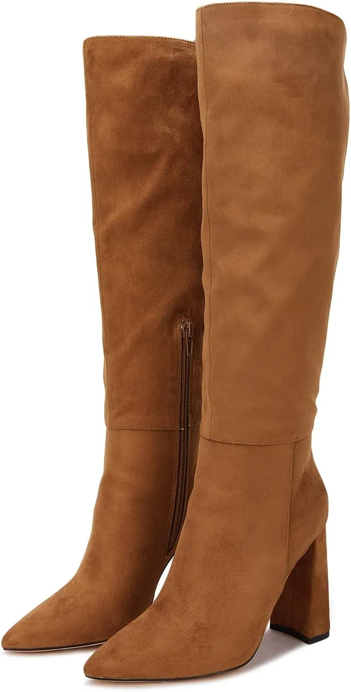 Juliet Holy Womens Pointed Toe Knee-high Boot Wide Calf Chunky Block Side Zipper Go-go Boots