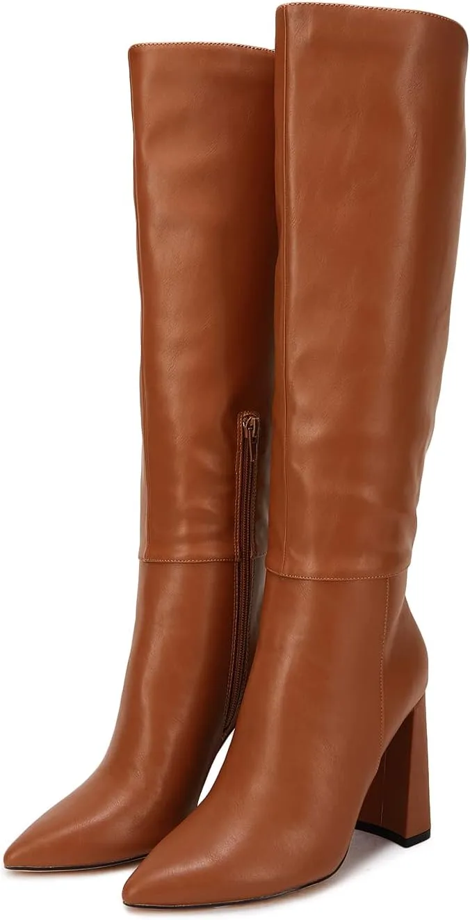Juliet Holy Womens Pointed Toe Knee-high Boot Wide Calf Chunky Block Side Zipper Go-go Boots