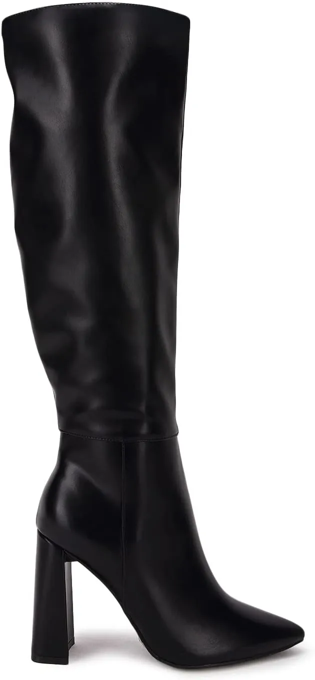 Juliet Holy Womens Pointed Toe Knee-high Boot Wide Calf Chunky Block Side Zipper Go-go Boots