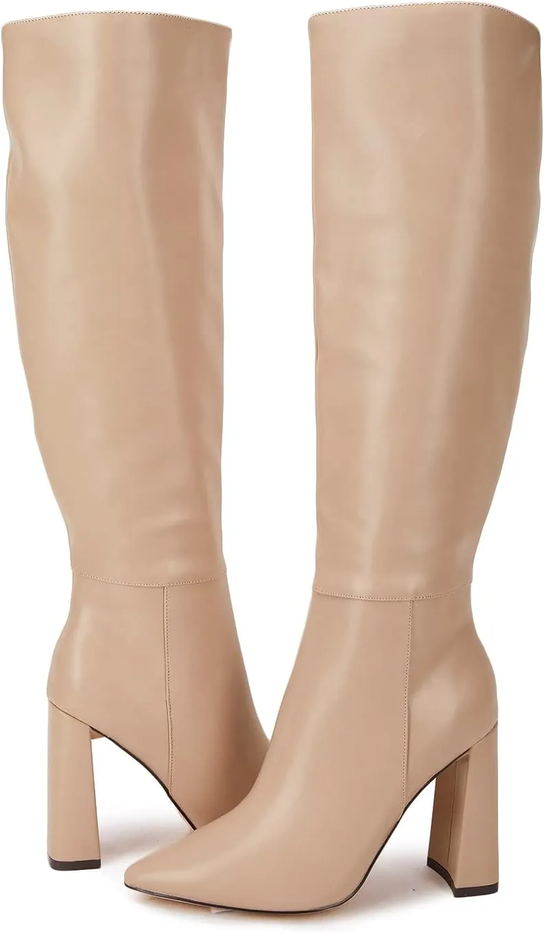Juliet Holy Womens Pointed Toe Knee-high Boot Wide Calf Chunky Block Side Zipper Go-go Boots