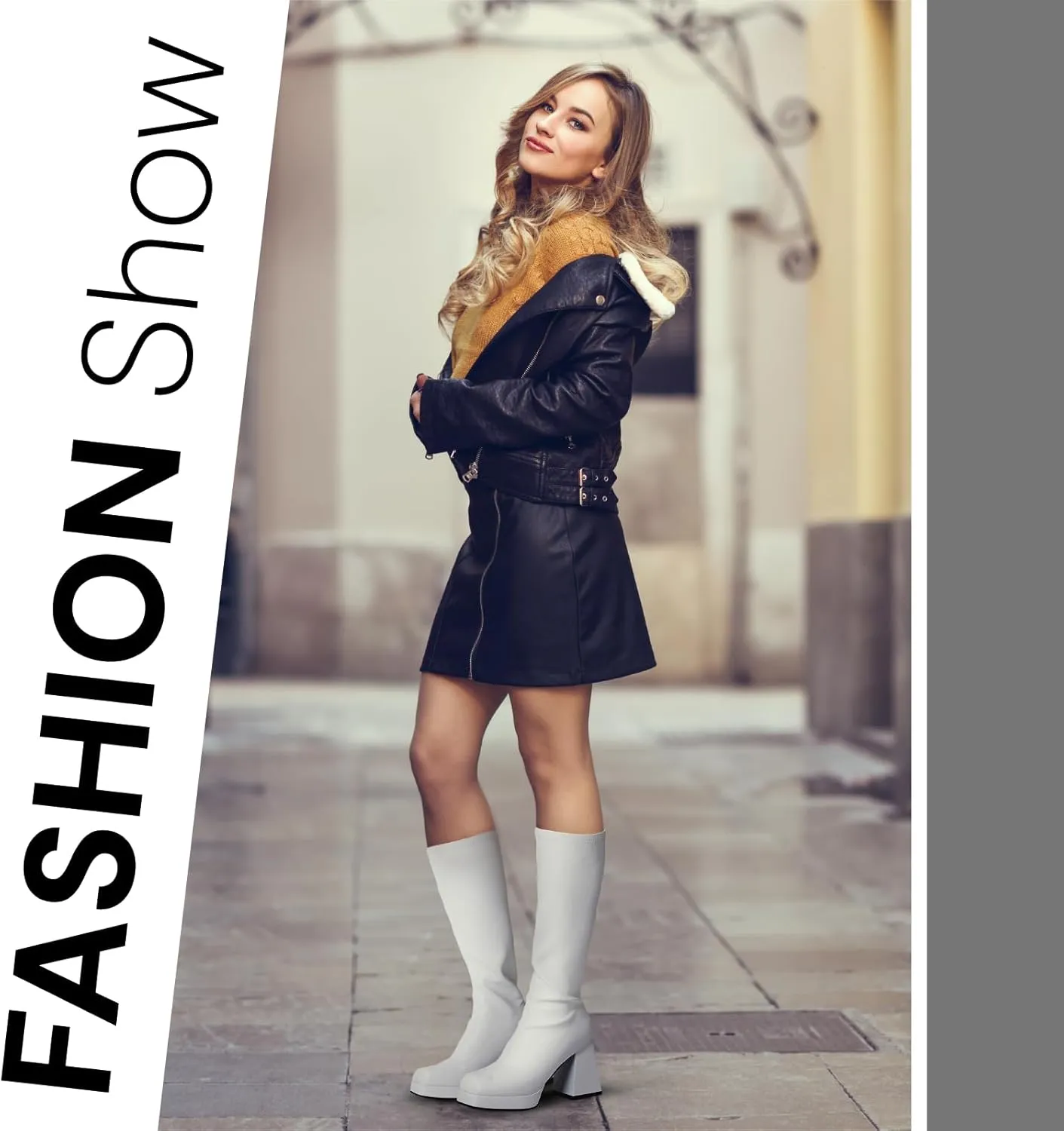 Kalstage Knee High Boots for Women Square Toe Chunky High Heels Leather Strtetch GoGo Boots Side Zipper Mid Calf Boots Platform Boots
