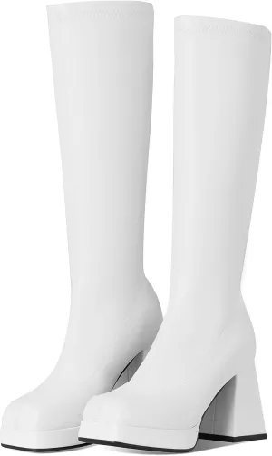 Kalstage Knee High Boots for Women Square Toe Chunky High Heels Leather Strtetch GoGo Boots Side Zipper Mid Calf Boots Platform Boots