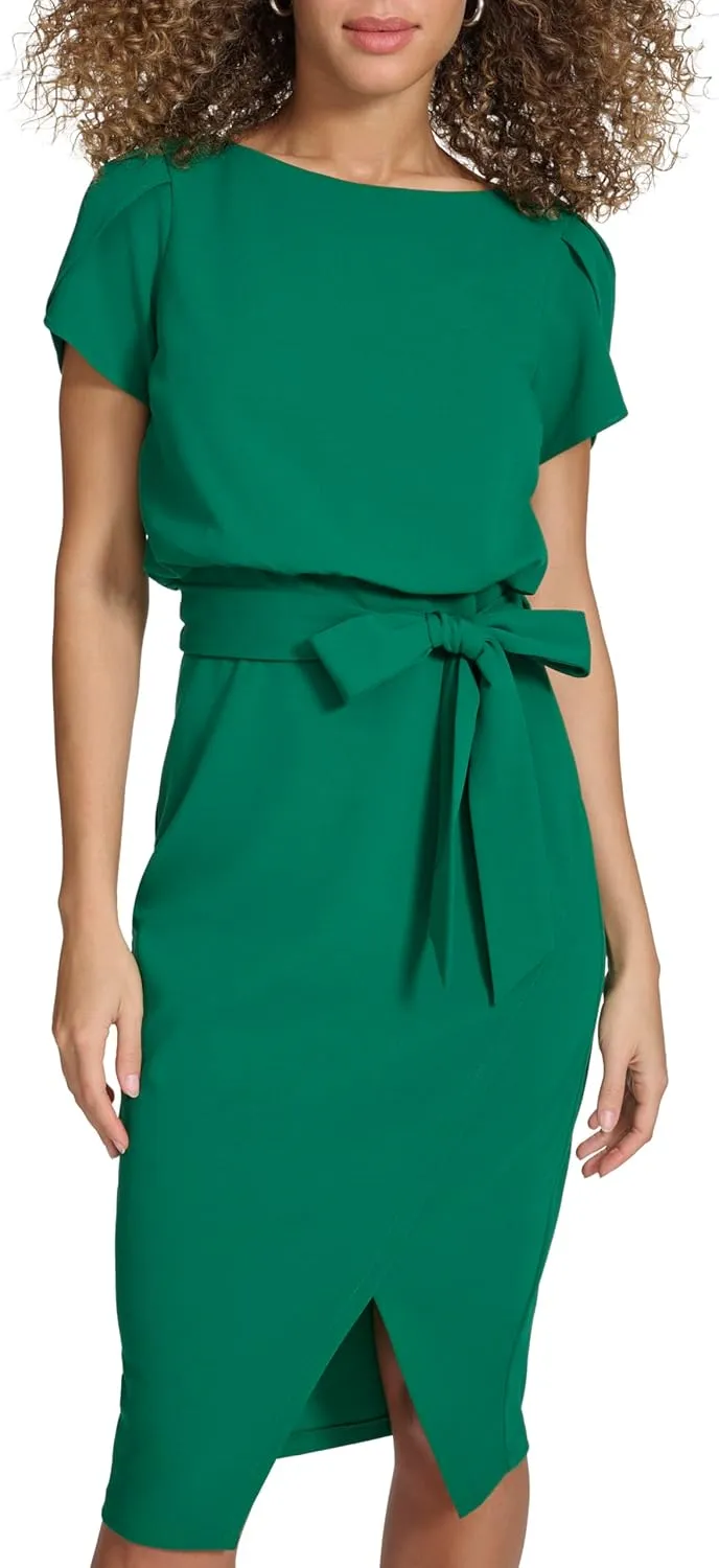 kensie Women's Short Sleeve Tie Waist Midi Dress