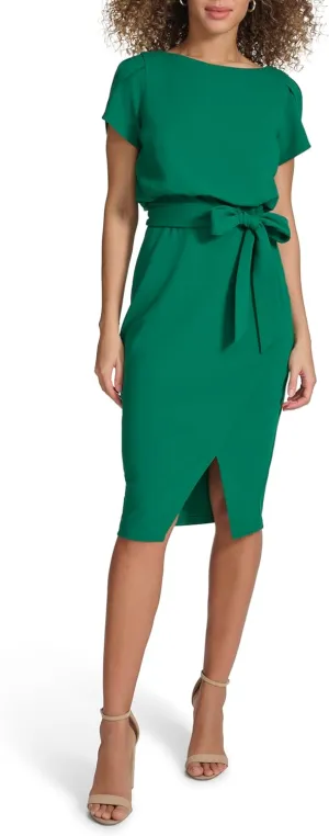 kensie Women's Short Sleeve Tie Waist Midi Dress