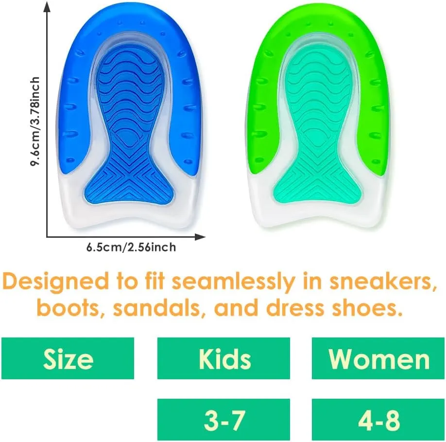 Kid’s Heel Cups - Soft Silicone Heel Inserts for Pain Relief and Comfort, Fits Shoes Size 3-7, Ideal for Plantar Fasciitis and Growing Feet (Blue, 2 Pairs Kid's Size 3-7 / Women 4-8)